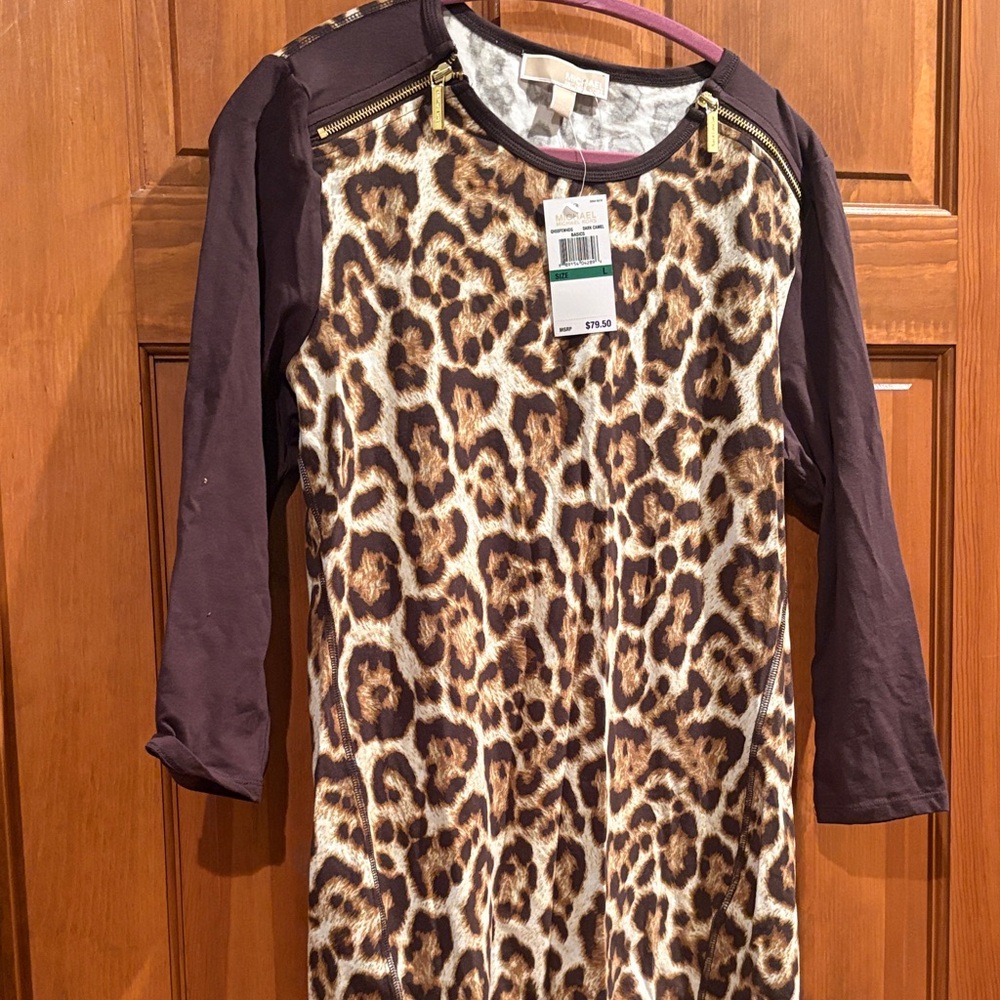 Michael Kors Leopard Print Top with Dark Brown Trim